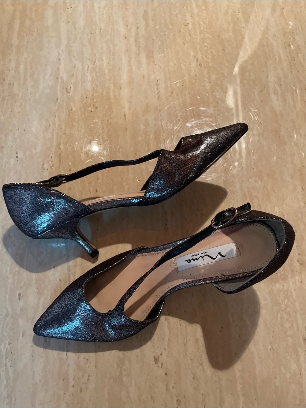 Nina NEW Metallic Gunmetal Pointed-Toe Kitten Heels